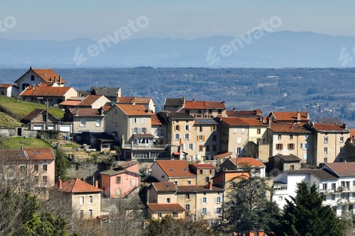 Preview: Aerial view of dense historic center of Thiers town in Puy-de-Dome department