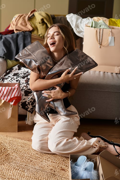 Preview: Shopaholic woman enjoys her new fashion finds in a cozy home setting