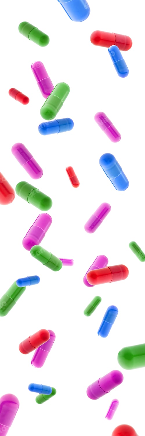 Preview: medical gel capsules falling down on white background. food supplement, pharmacy concept. pills