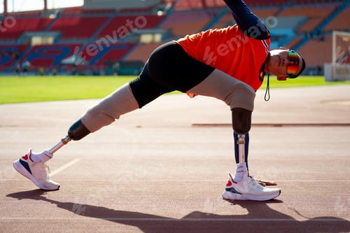 Preview: Asian para-athletes with prosthetic blades sprint on a running track at stadium.