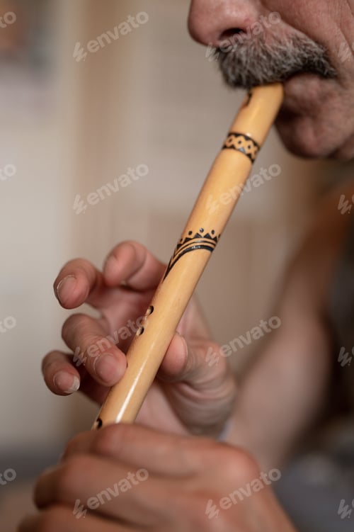 Preview: senior man playing flute. unprofessional male elderly recorder people with moustache play on pipe