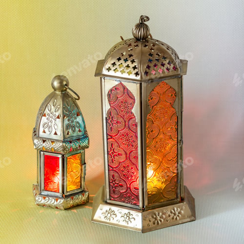 Preview: Traditional arabic lanterns lit up for celebrating Ramadan, square format ready for Instagram