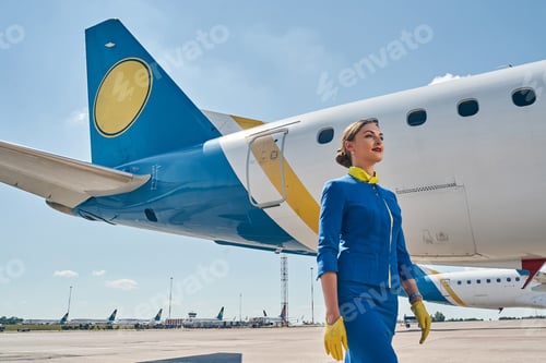 Preview: Serene Caucasian stewardess looking into the distance