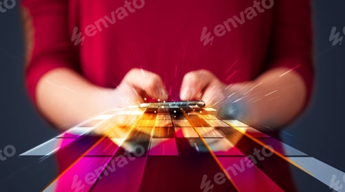 Preview: Woman Holding Smartphone With Abstract Futuristic Lines