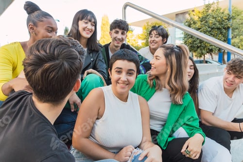 Preview: Smiling group of friends sitting on stairs