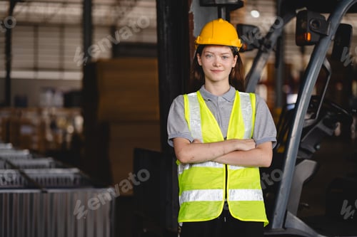 Preview: Portrait female professional engineer factory in protective uniform operating machine