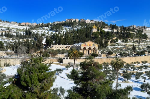 Preview: Wintry landscape with snow-covered hills, mountains, and trees: Mount Of Olives , Jerusalem