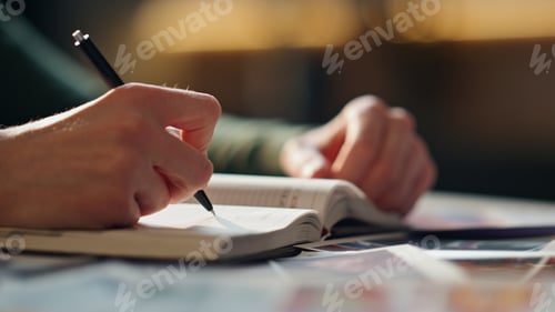 Preview: Woman hands writing notebook holding pen indoors close up. Girl making notes