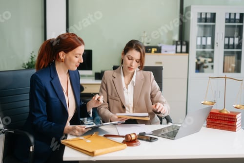 Preview: Professional female lawyers consulting on legal cases in a modern office.