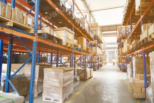 Preview: Modern warehouse with shelves of goods. Industrial storehouse with boxes and copy space