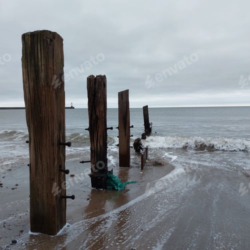 Preview: Weathered wooden groins extend into the sea beneath a cloudy sky, against a tranquil coastal scene.
