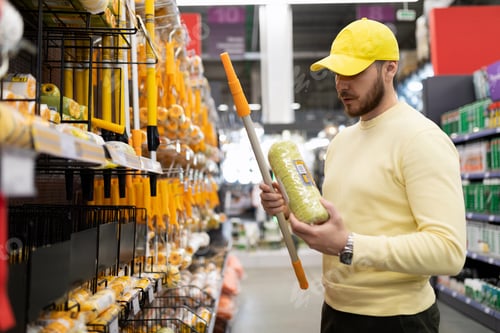 Preview: a man in a construction hypermarket chooses a roller for painting work