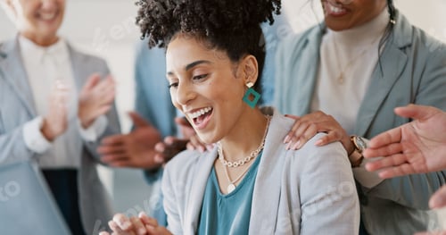 Preview: Applause, celebration and business woman with good news, achievement or job promotion in the office