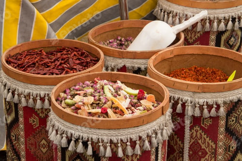 Preview: Fruit tea in barrels on the market. A typical kiosk with traditional drinks at the food market