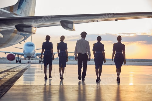 Preview: Back view image of unrecognizable people going to the aircraft in the outdoors