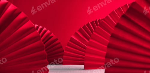 Preview: Chinese New Year .Decor pattern fan on red background. Red paper fans .Lunar New Year banner templat
