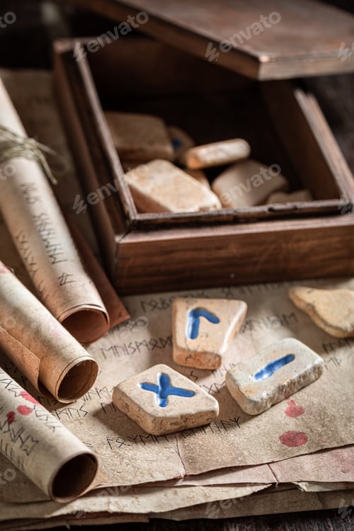 Preview: Antique rune stones with old manuscript and scrolls