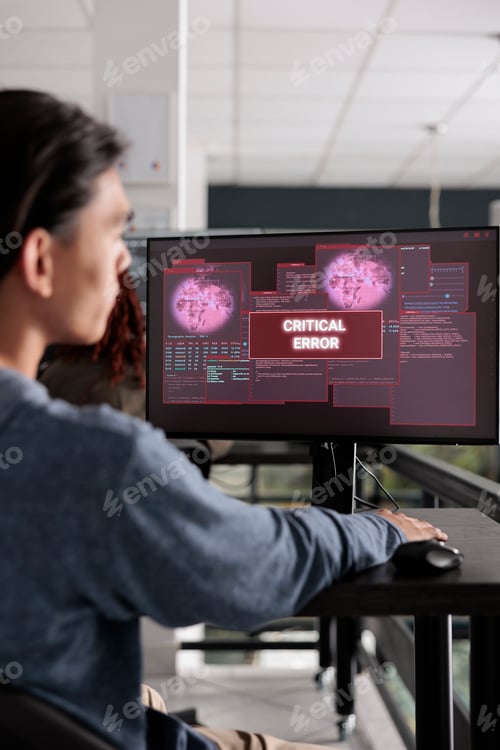 Preview: Software developer having web server hacked looking at computer