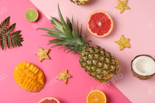 Preview: Exotic fruits on two tone background, top view