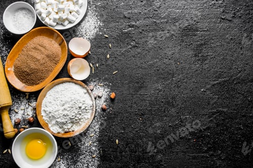 Preview: Baking background. Flour with cocoa and egg.