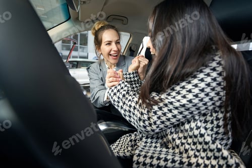 Preview: Pair of excited ladies in car holding hands
