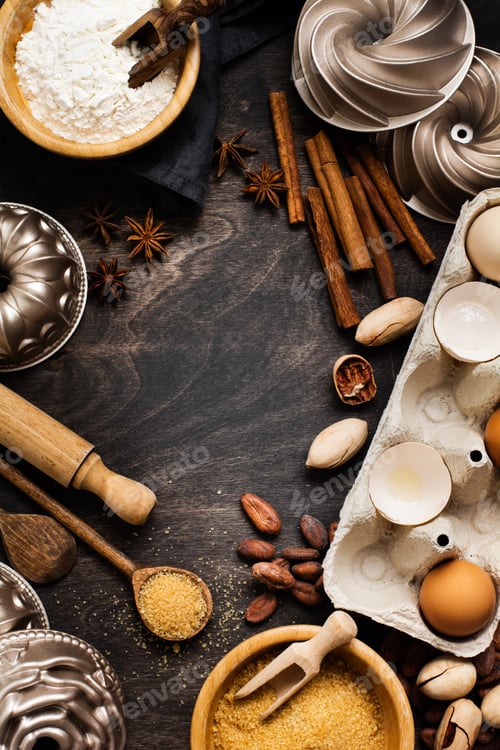 Preview: Baking and culinary background with flour, sugar, spices, nuts, cinnamon, wooden spoons and rolling