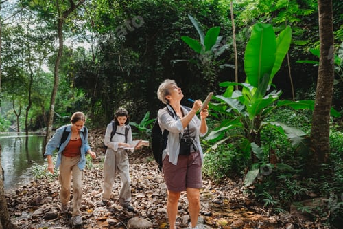 Preview: woman family or friends group trekking travel in adventure lifestyle, nature hiking in vacation