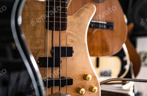 Preview: Bass guitar fretboardsand strings in music recording studio
