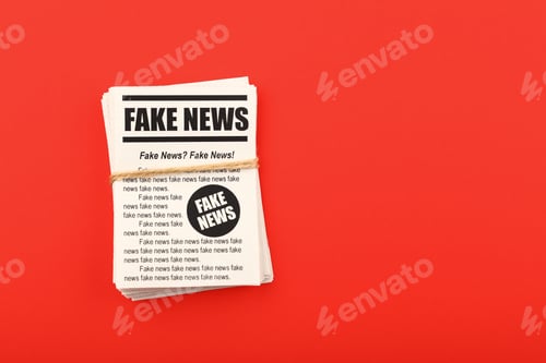 Preview: Stack of FAKE NEWS newspapers over red