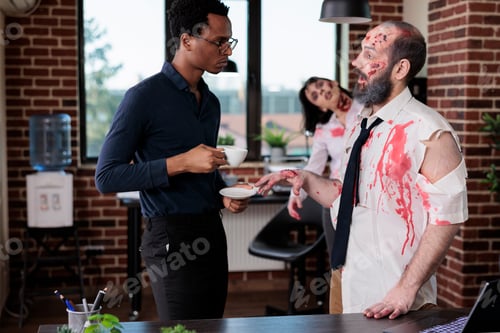 Preview: Evil zombie talking to businessman in office