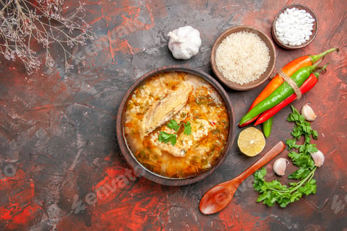 Preview: top view homemade chicken and rice soup in a bowl wooden spoon bowls with sea salt and rice garlic