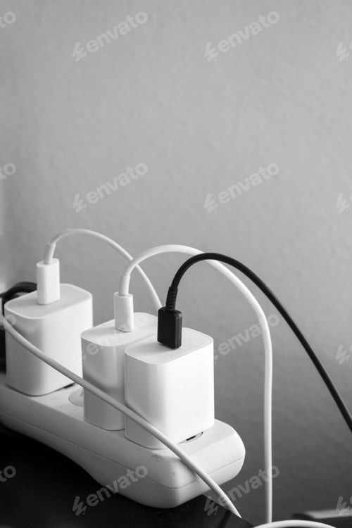 Preview: Vertical closeup of phone chargers plugged in a socket