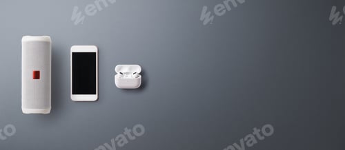 Preview: Flat lay top view office desk working space with smartphone on gray background. Copy space.