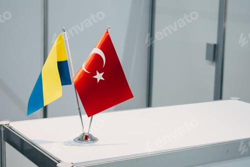 Preview: National Flags of Turkey and Ukraine. China and Ukraine small flag on the table
