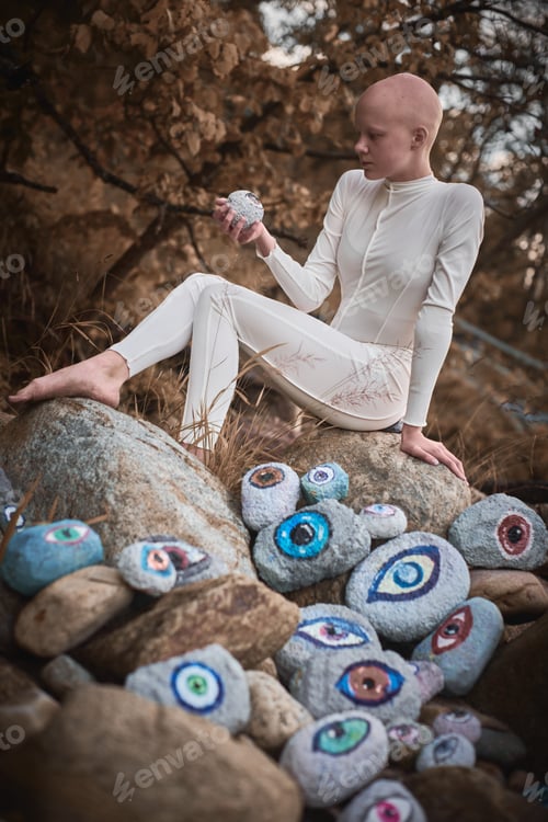 Preview: Young hairless girl with alopecia in white futuristic costume pensively examines stone with eye