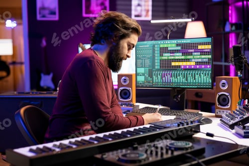 Preview: Man Working in a Recording Studio at Night