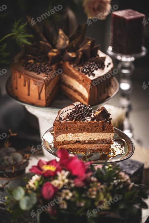 Preview: Slice of layered chocolate mousse cake