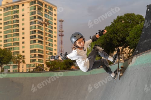 Preview: Boy riding his skateboard wearing protection at the skate park