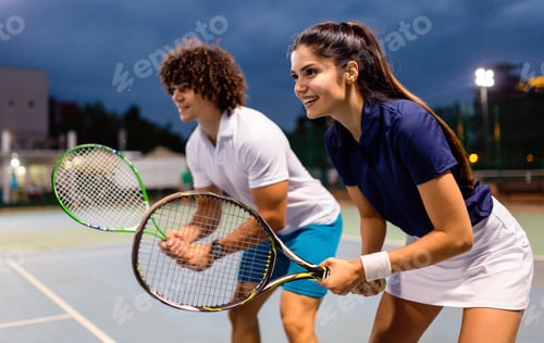 Preview: Beautiful young people are playing tennis as a team on tennis court outdoors. People sport concept