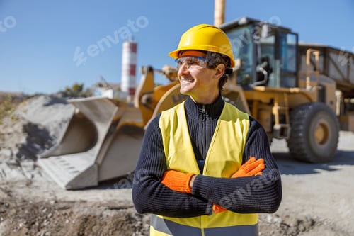 Preview: Cheerful man factory worker standing near tractor outdoors