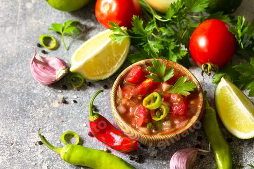 Preview: Traditional Latin American mexican salsa sauce with ingredients.