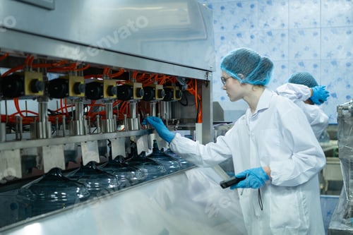 Preview: Female scientist in white coat and blue hat working in the control machine of production line.