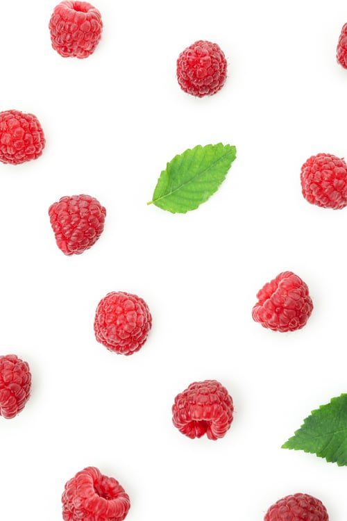 Preview: Flat lay composition with red juicy raspberry, isolated on white background