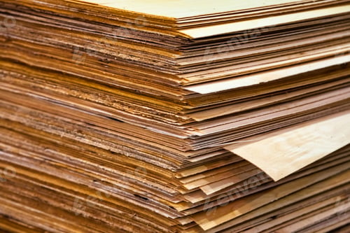 Preview: Close-up of raw plywood rack stacks of sheets in industry storage manufacture plant