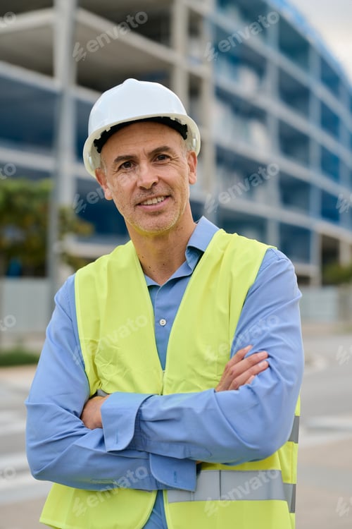 Preview: Construction engineer wearing hard hat standing on building site