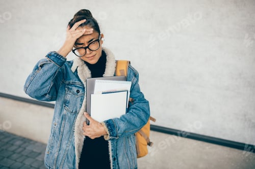 Preview: Exhausted tired stressed student with backpack standing near university holding books and laptop.