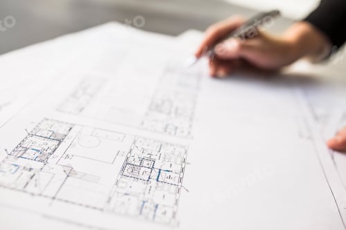 Preview: Female architect working on blueprint