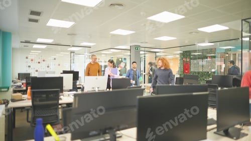Preview: office colleagues entering the office as a group to start the work day