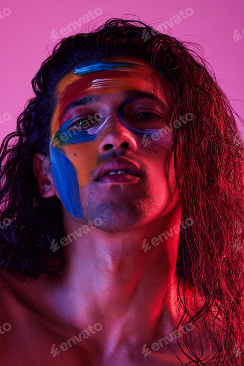 Preview: Beauty, cosmetics and portrait of man with paint for creative art, makeup and glow on studio backgr