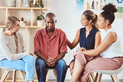 Preview: Group therapy, support or mental health community in comfort of sad black man with anxiety, depress